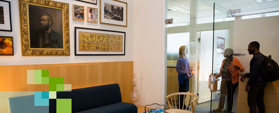 people talking in the entryway to the Dean's Office