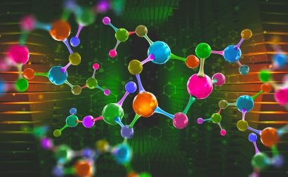 Colorful abstract molecular structure on green background