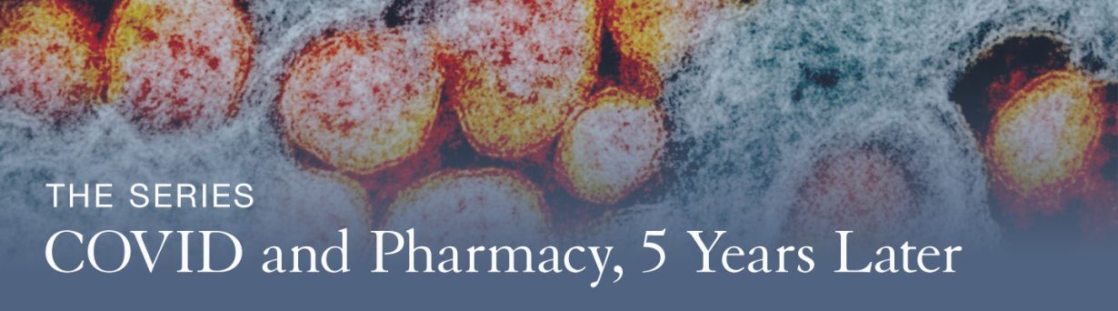 electron micrograph of coronavirus particles, The Series: COVID and Pharmacy, 5 Years Later