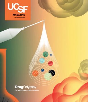 UCSF Magazine, Summer 2018, illustration of medicine exiting a syringe in a teardrop shape.