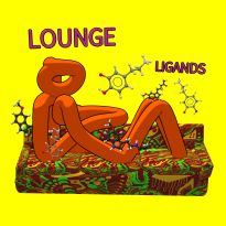Digitally illustrated ligand lounging on a couch 