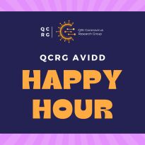 QCRG AViDD Happy Hour on pink background with cocktail glasses