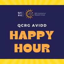 QCRG AViDD Happy Hour on yellow background with cocktail glasses