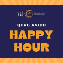 QCRG AViDD Happy Hour on orange background with cocktail glasses