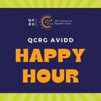 QCRG AViDD Happy Hour on green background with cocktail glasses