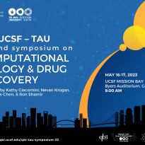 QBI/UCSF-TAU Symposium on Computational Biology and Drug Discovery on blue background with cityscape