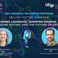Nobel Laureate, Jennifer Doudna of University of California, Berkeley interviewed by Jason Gestwicki of University of California, San Francisco. Colorful abstract molecular structure background.