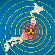 radiation symbol with radiating circles on top of a map of Japan