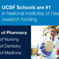 UCSF Schools are #1 in National Institues of Health research funding, School of Pharmacy, School of Nursing, School of Dentistry, School of Medicine, with School of Pharmacy in bold text