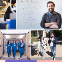 five images show people in different settings: lab, hallway, etc.