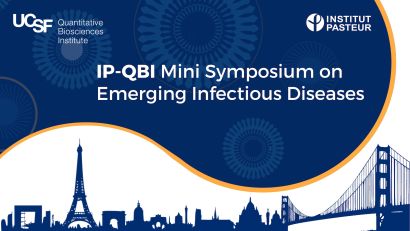  IP-QBI Mini Symposium on Infectious Disease on background with Eiffel Tower and Golden Gate Bridge