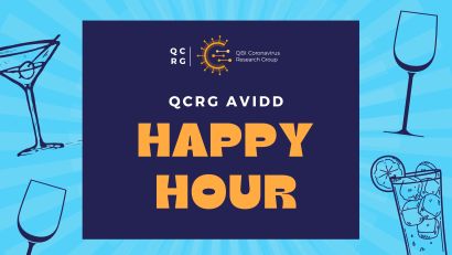 QCRG AViDD Happy Hour on blue background with cocktail glasses