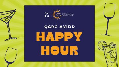 QCRG AViDD Happy Hour on green background with cocktail glasses