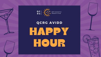 QCRG AViDD Happy Hour on purple background with cocktail glasses