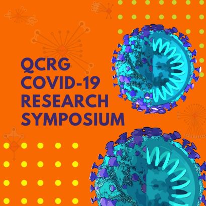 QCRG COVID-19 Research Symposium with brightly colored stylized viruses