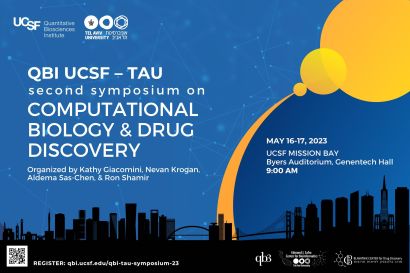 QBI/UCSF-TAU Symposium on Computational Biology and Drug Discovery on blue background with cityscape
