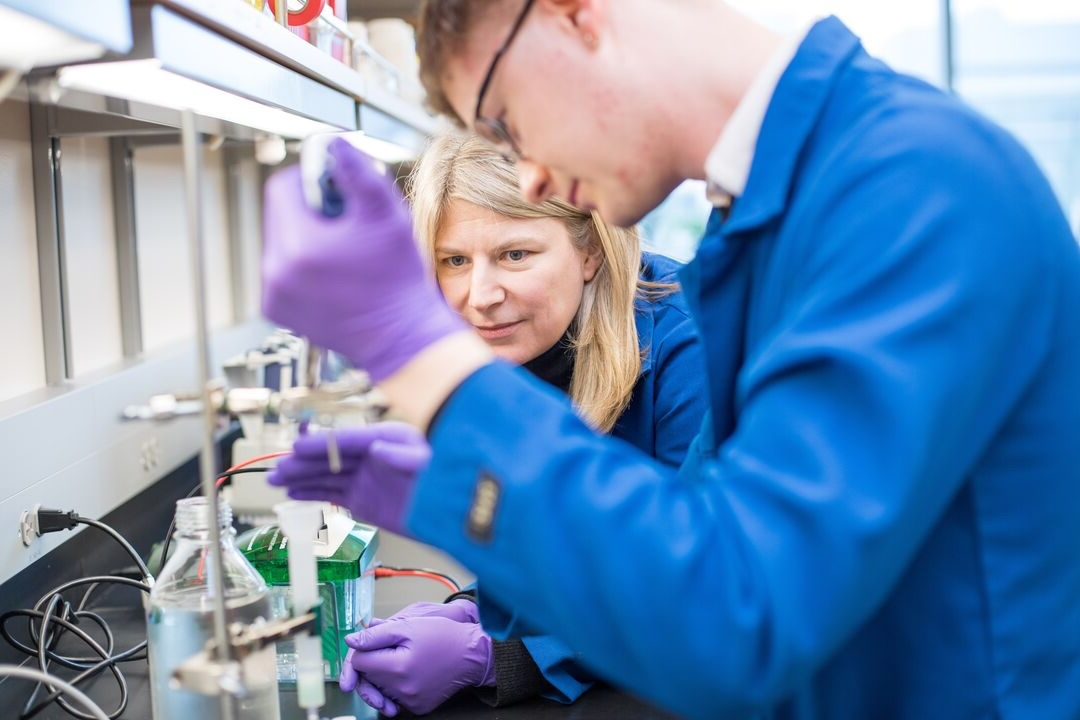 Tanja Kortemme, PhD, professor of Medicine in Bioengineering, stands with graduate student Samuel Thompson in her laboratory at Mission Bay.