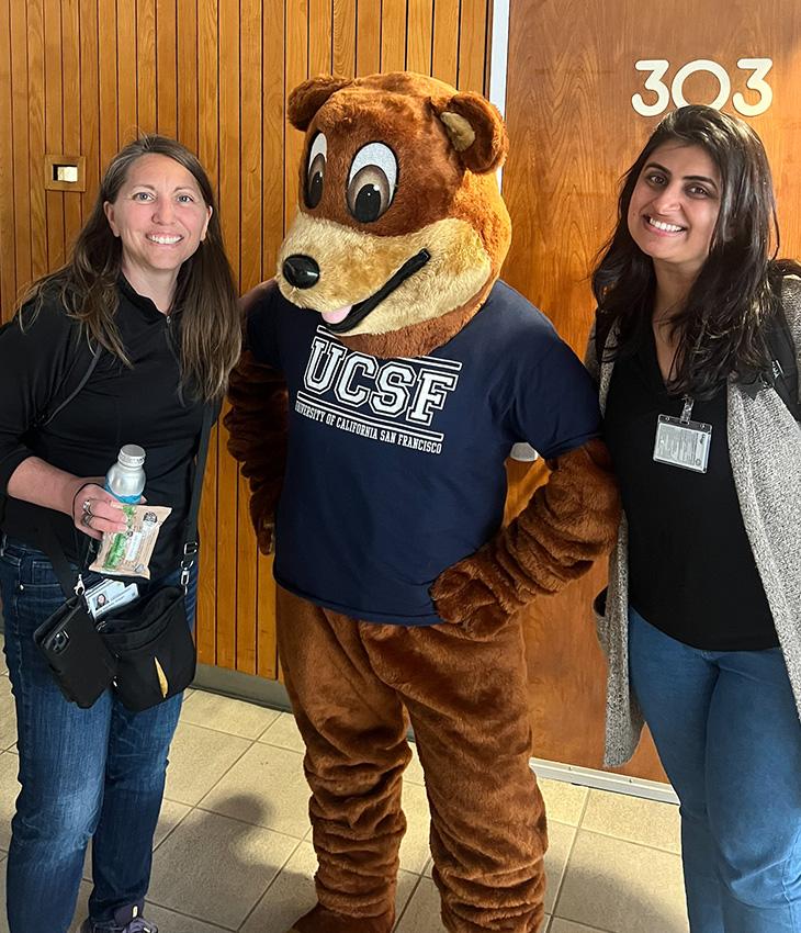 Ahsan and Dhara with UCSF bear mascot