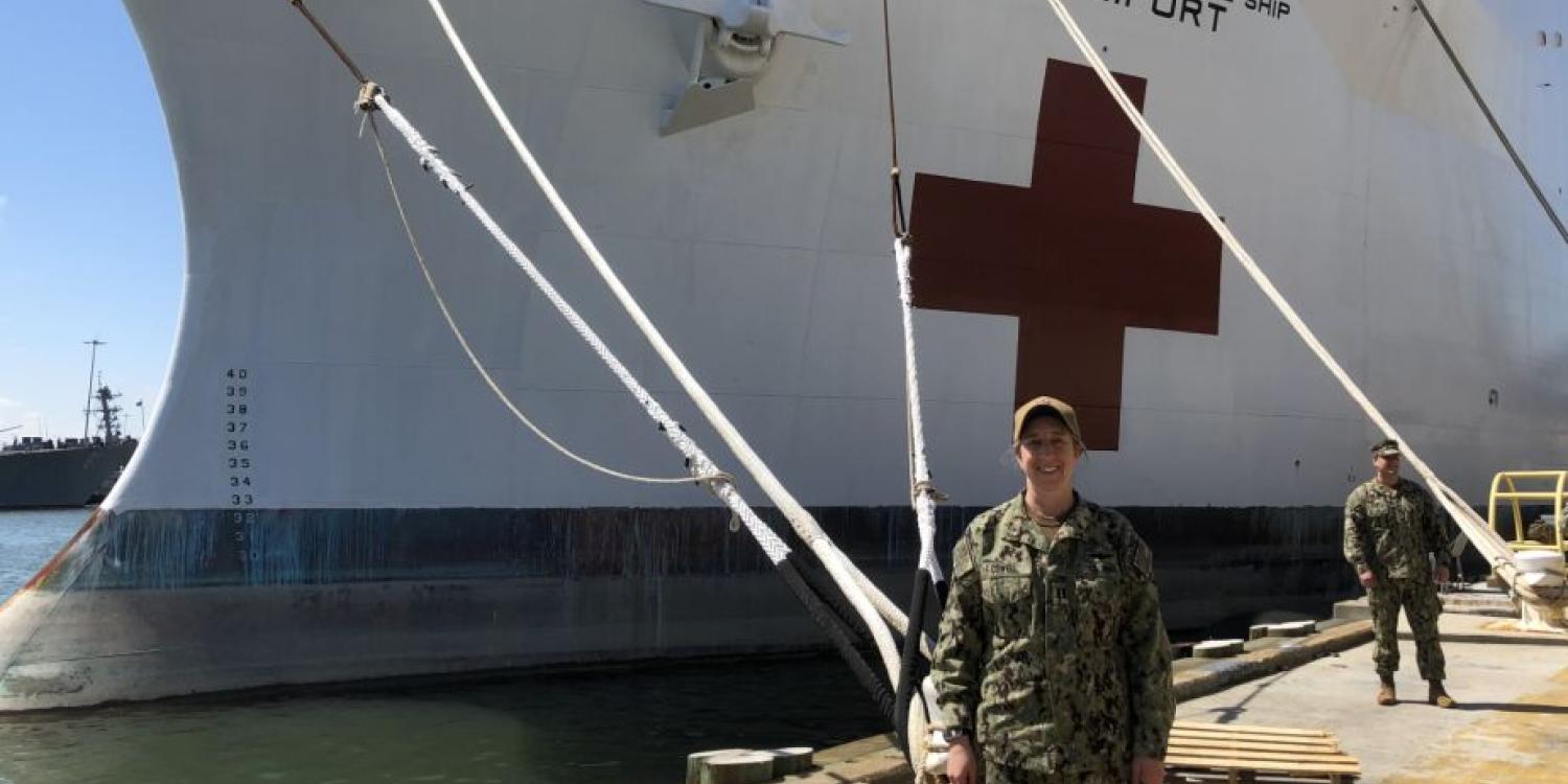 Diana Cowell, PharmD ’14, MBA, and the USNS Comfort hospital ship.