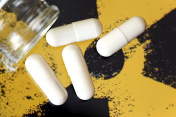 medications on top of a radiation symbol background